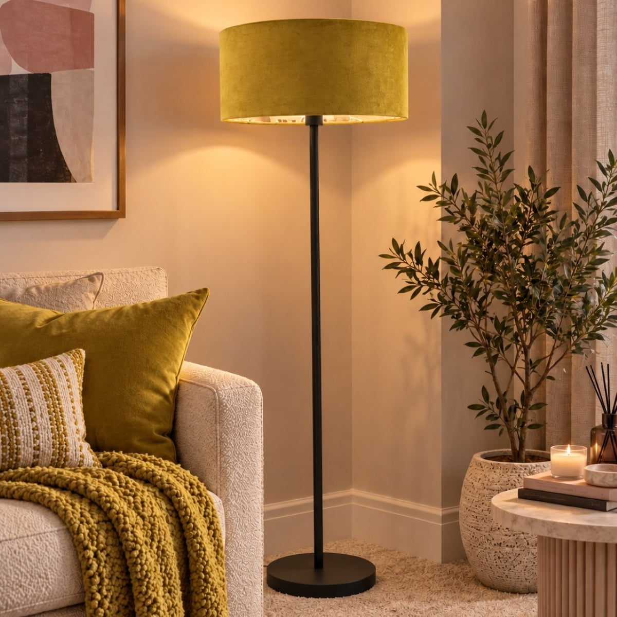 CGC Lena Matt Black Straight Floor Lamp with 45cm Large Velvet Lampshade