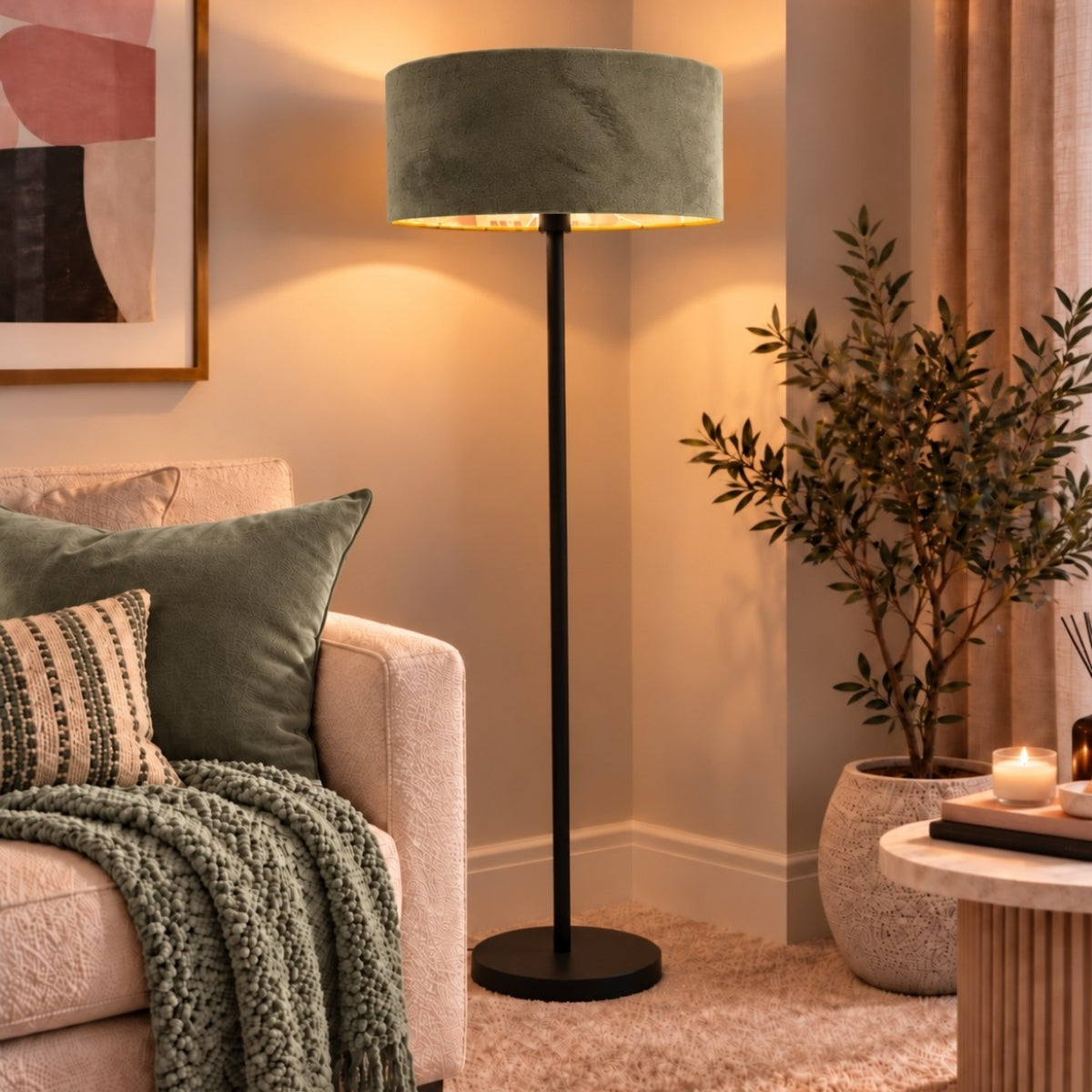 CGC Lena Matt Black Straight Floor Lamp with 45cm Large Velvet Lampshade