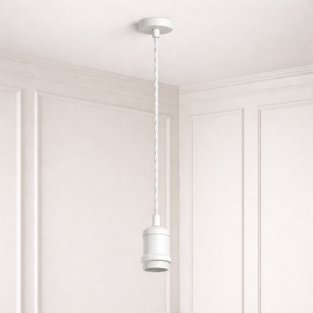White pendant light hanging from a ceiling in a room with white paneled walls.