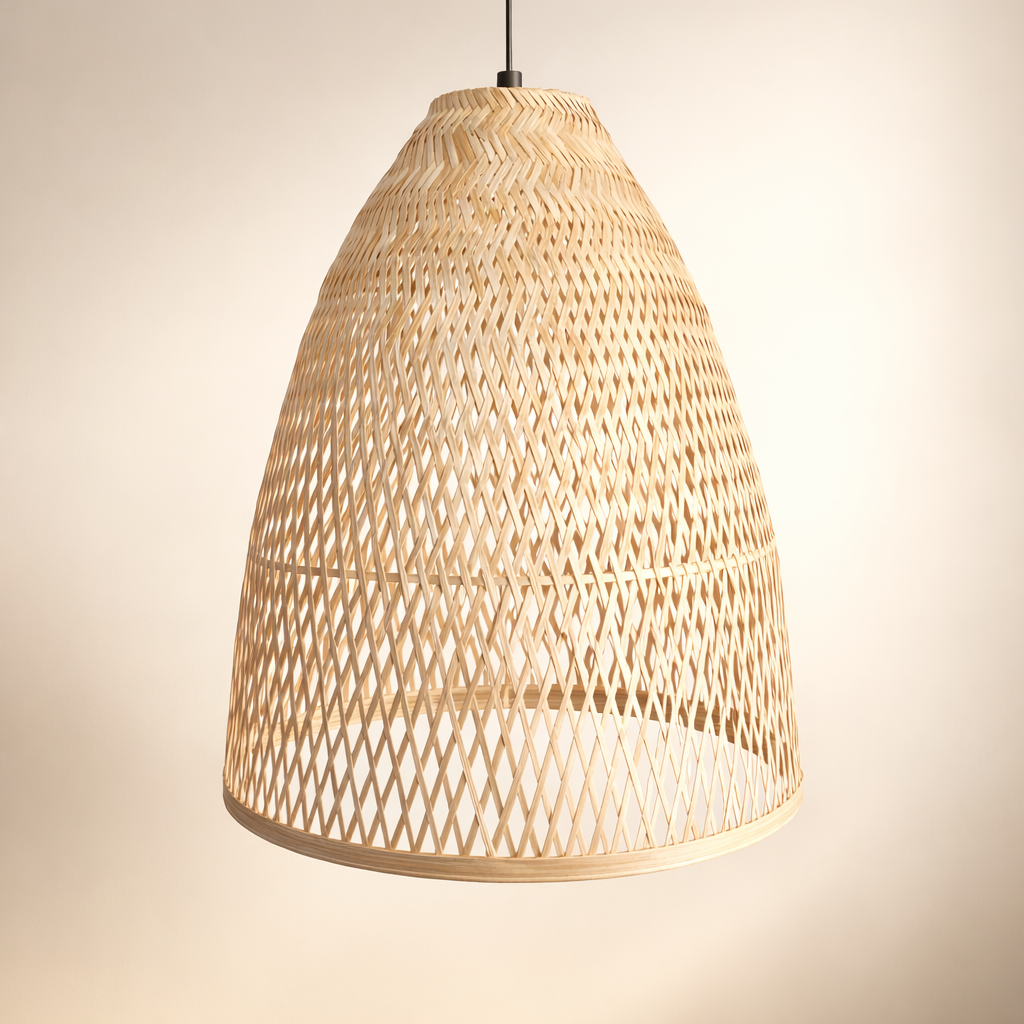 Woven rattan pendant light on a neutral background