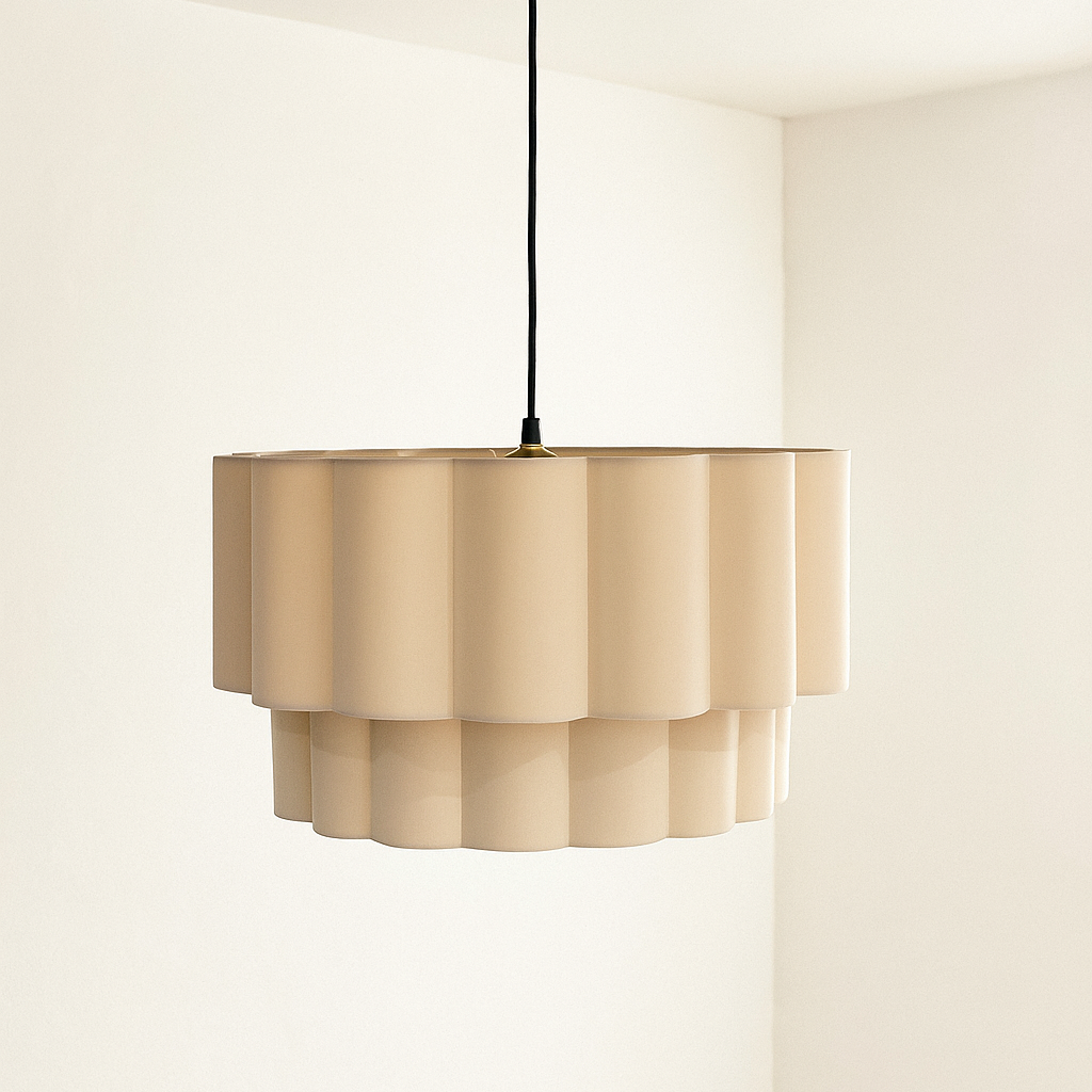 Beige pendant light hanging from the ceiling against a white wall