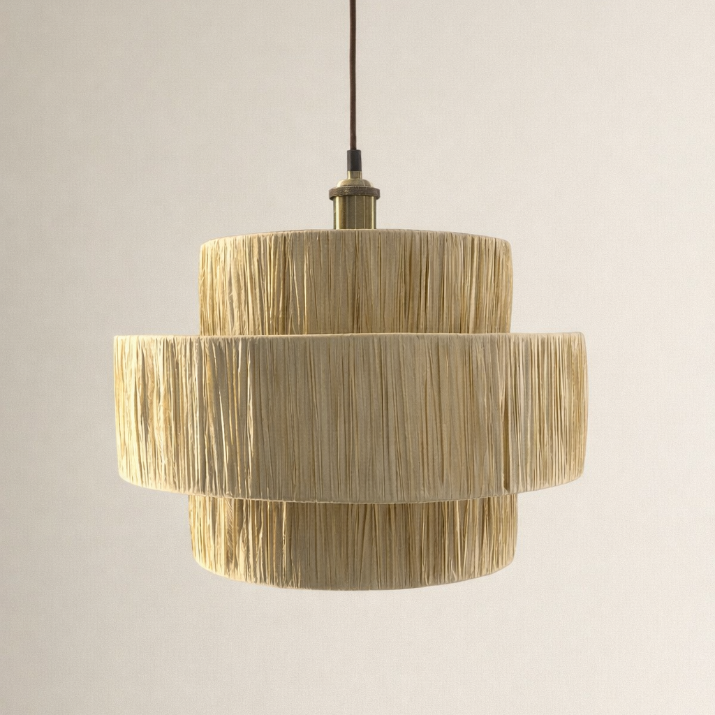 Beige pendant lamp with a textured design on a beige background
