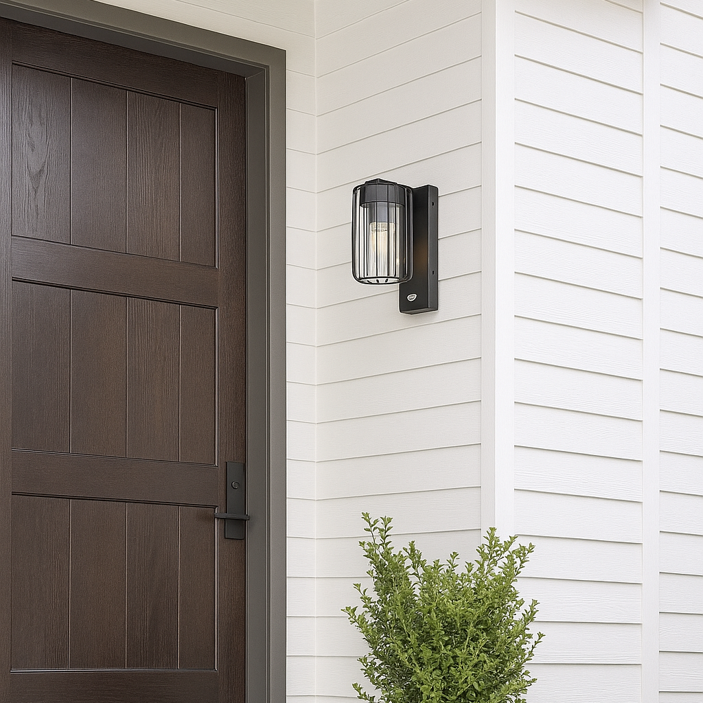 Modern house exterior with a dark wooden door, wall-mounted light fixture, and potted plant.