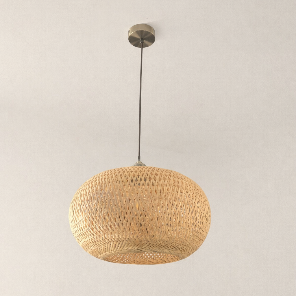 Woven pendant light fixture on a plain background
