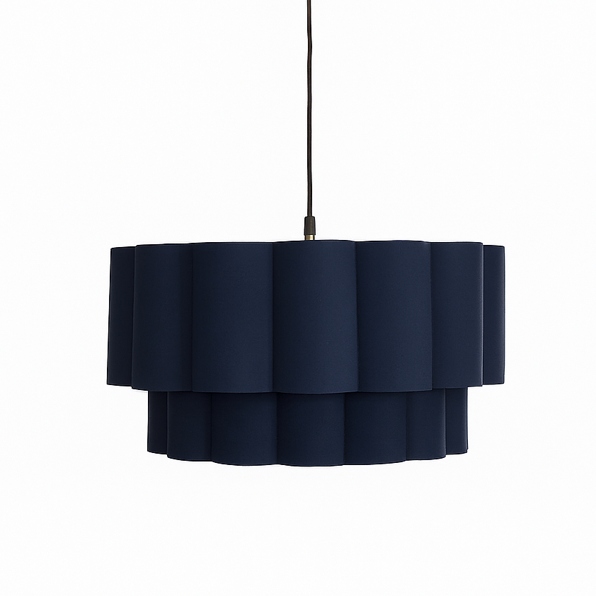 Navy blue pendant lamp with gold fixture on a white background