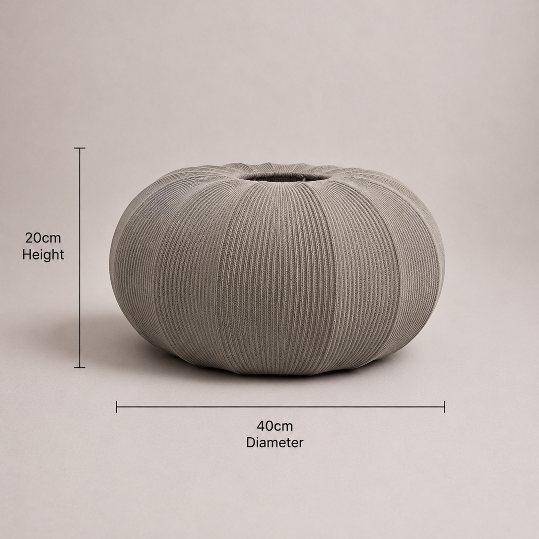 Gray textured vase with dimensions on a beige background
