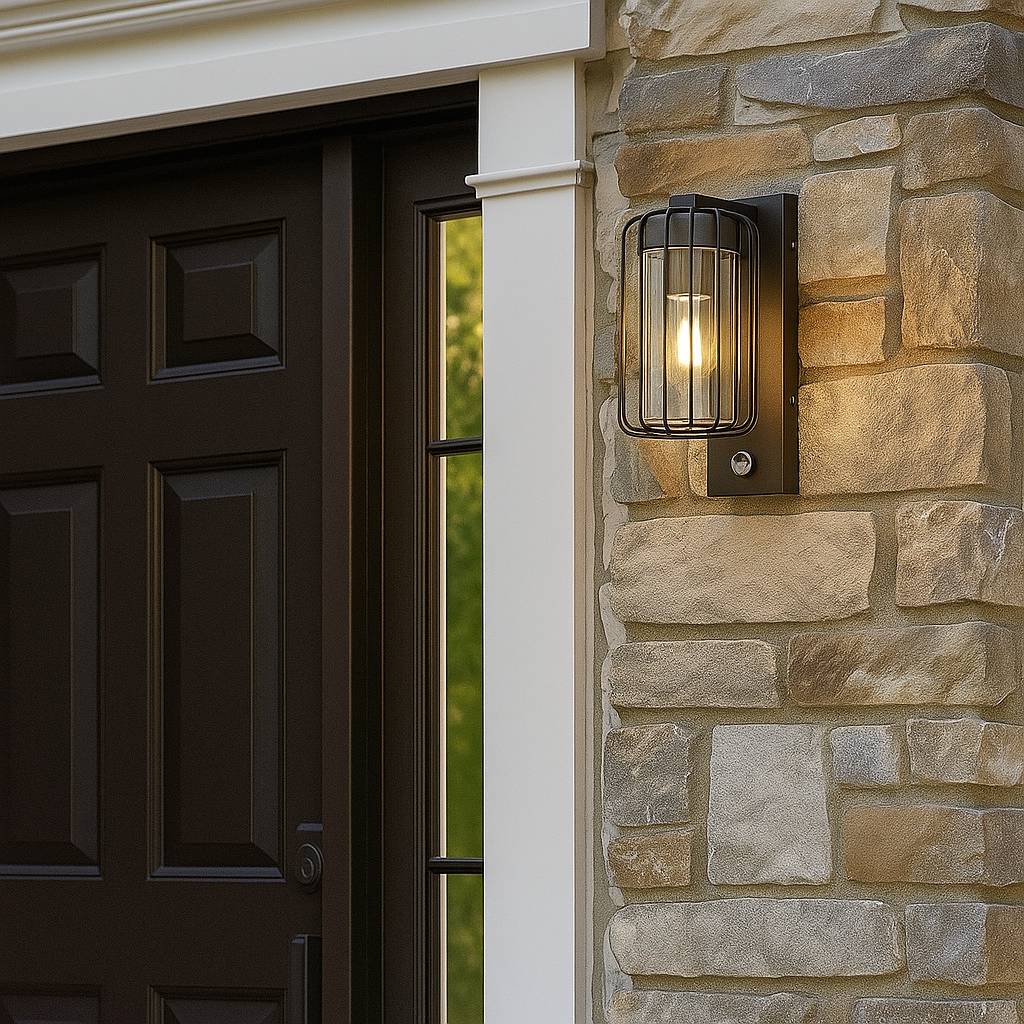 Decorative outdoor light fixture on a stone wall next to a dark wooden door.