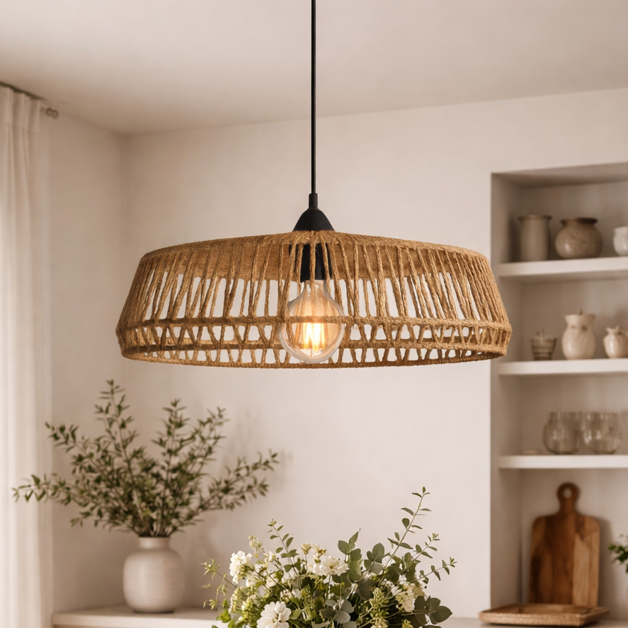 Dining room with wooden table, chairs, and decorative elements.