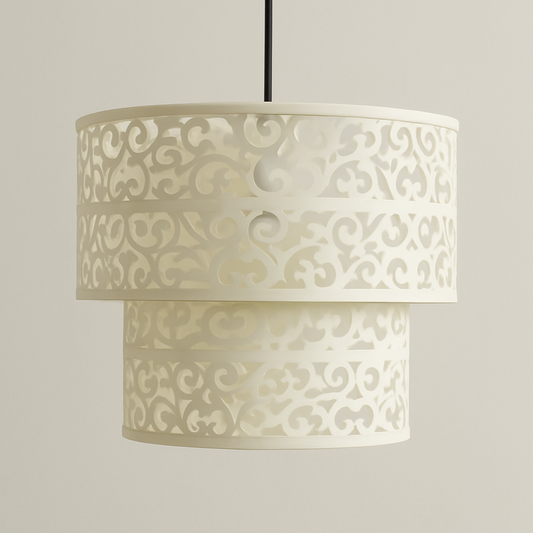 Decorative lamp with intricate patterns on a plain background