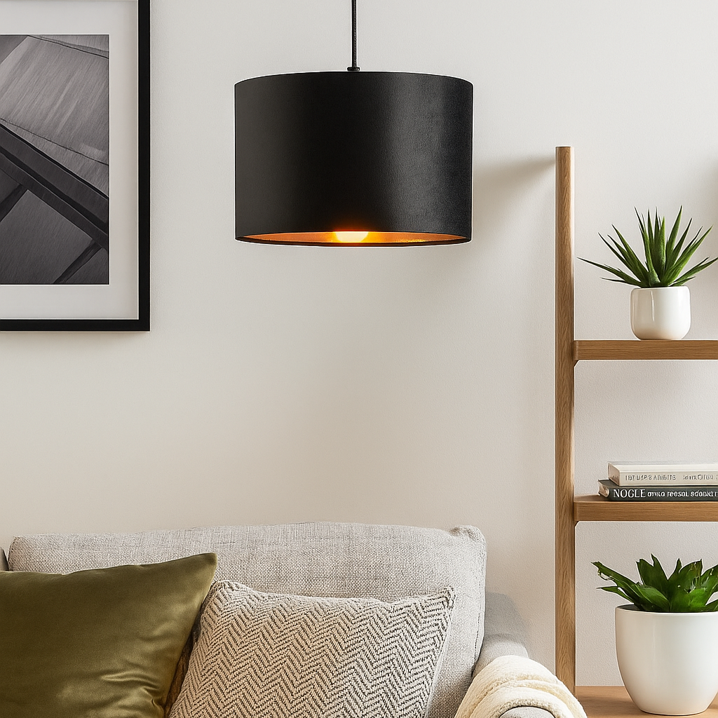 Living room with a gray sofa, black pendant light, and wooden shelf with plants.