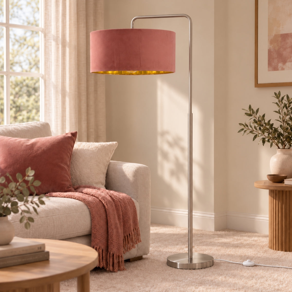 CGC Kyra Brushed Nickel Angled Floor Lamp with Large 45cm Velvet Lampshade