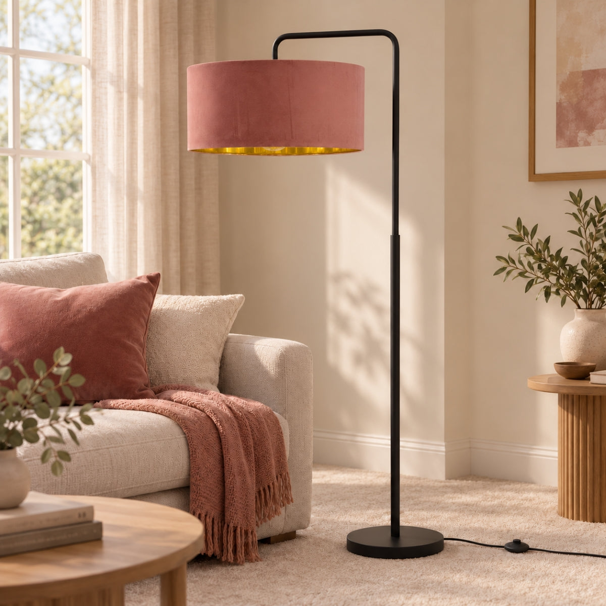 CGC Kyra Black Angled Floor Lamp with Large 45cm Velvet Lampshade