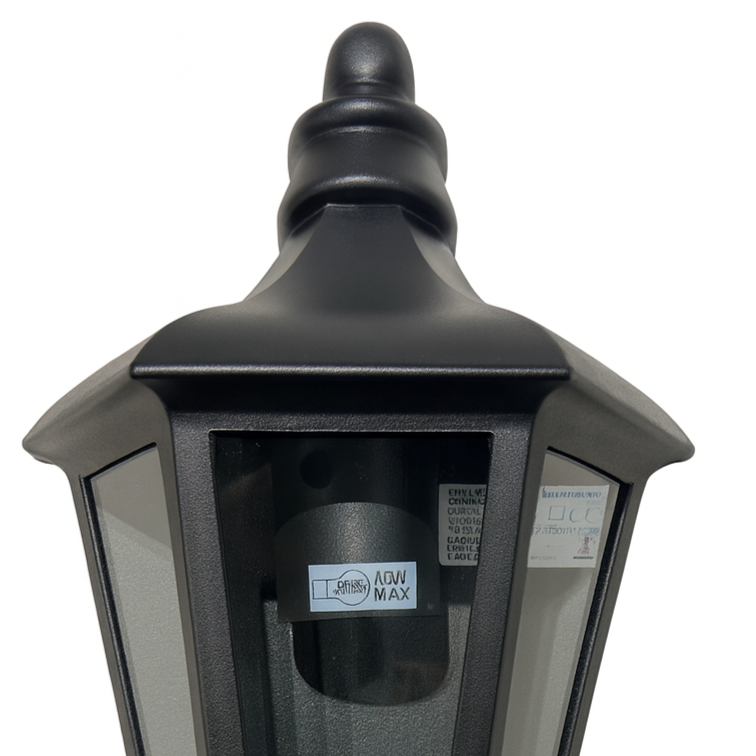 Black outdoor wall light fixture on a white background