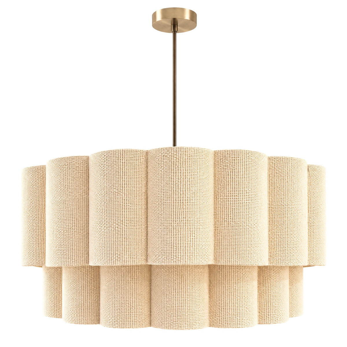 A modern drum pendant light with a textured cream fabric shade composed of multiple fluted cylindrical tiers, suspended from a brushed brass rod and circular ceiling canopy against a solid white background.