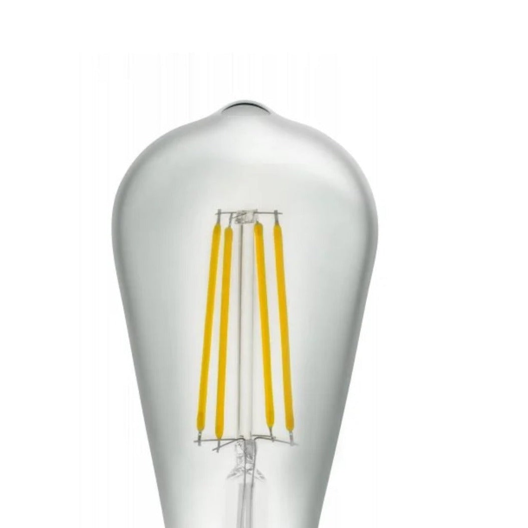 Our warm white LED bulbs have a visible filament for a distinctive look that will complement an array of home decors. The clear glass gives the bulb a vintage feel.  Not only is it a decorative feature light bulb, but it also has low energy consumption, making it both practical and ideal for mood lighting.
