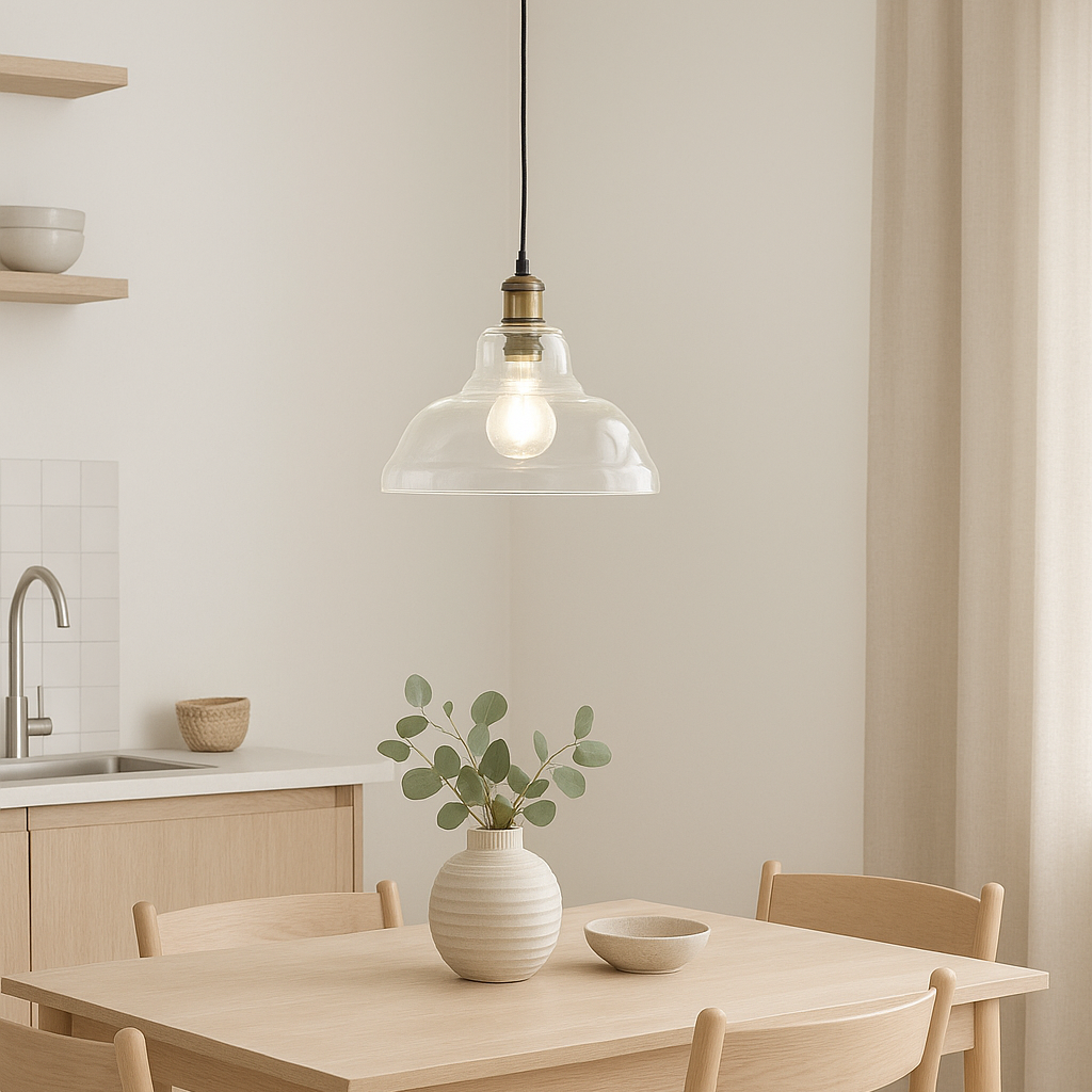 Dining area with wooden table and chairs, white vase with greenery, and pendant light.