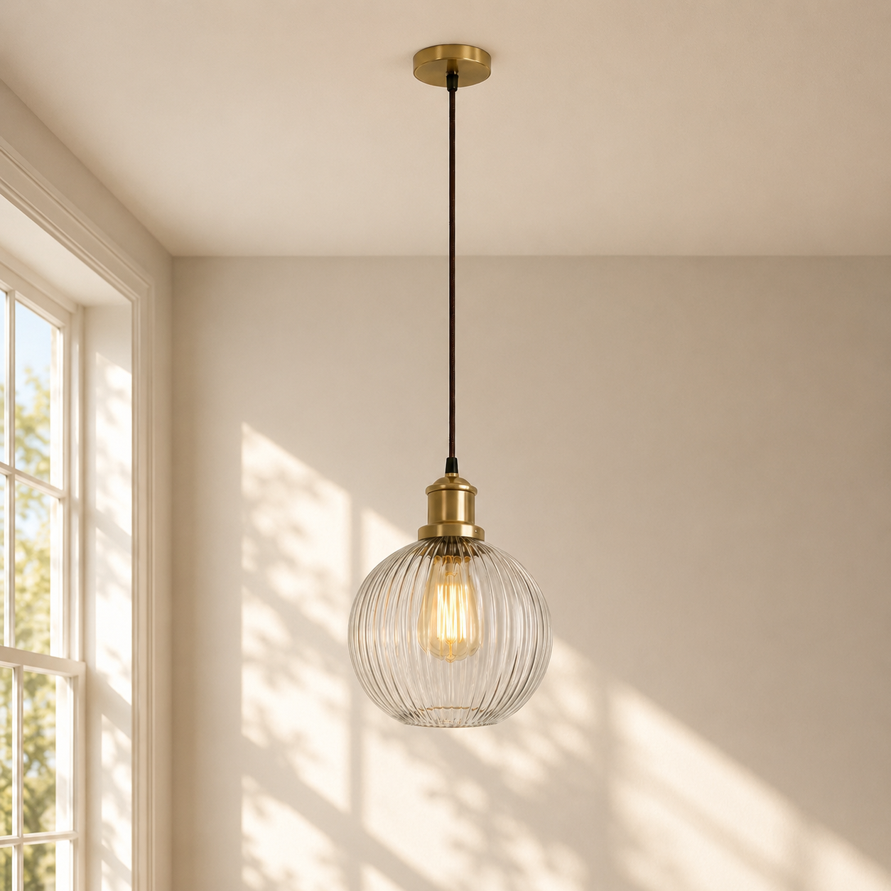 Pendant light with glass shade and gold fixture hanging in a room with sunlight filtering through a window.