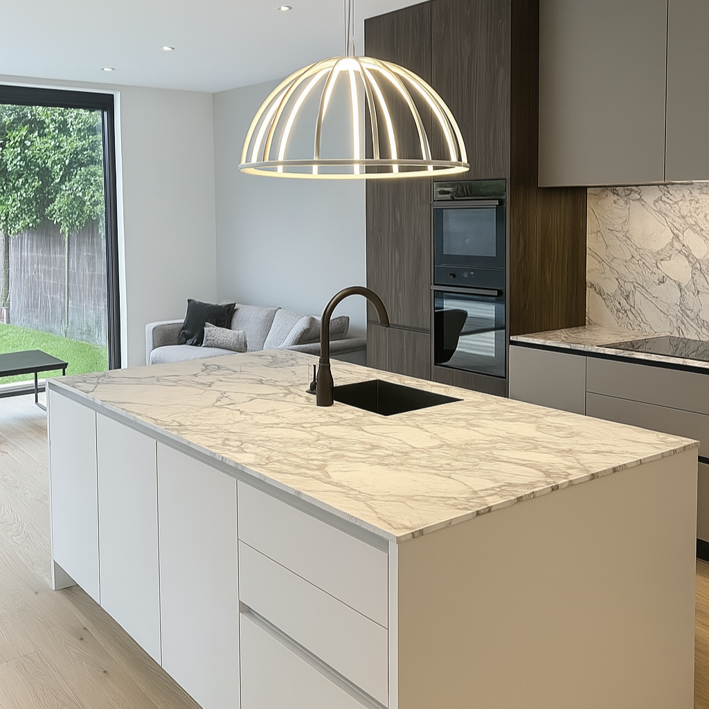Modern kitchen with a central island, pendant light, and view of the garden.
