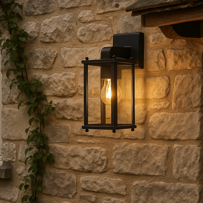 Wall-mounted outdoor light fixture on a stone wall next to a wooden door.