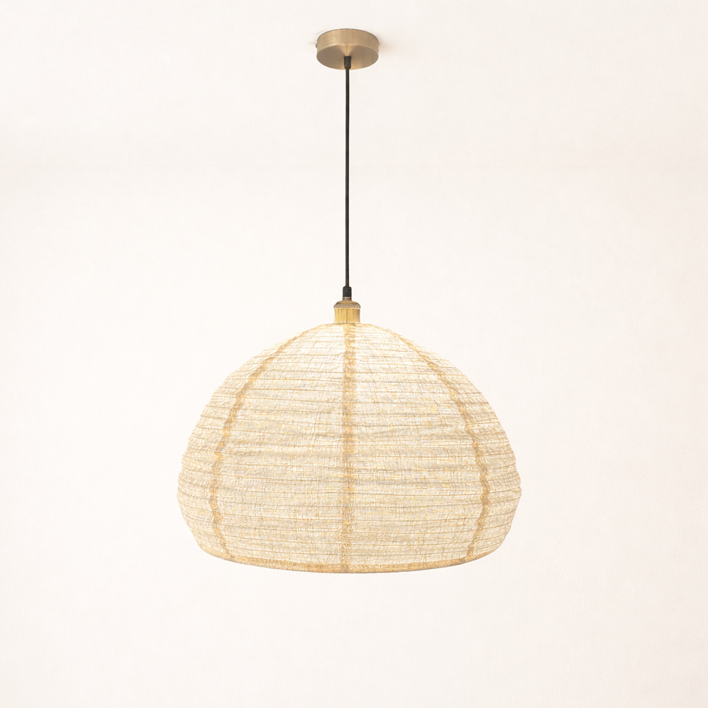 Woven pendant light on a white background
