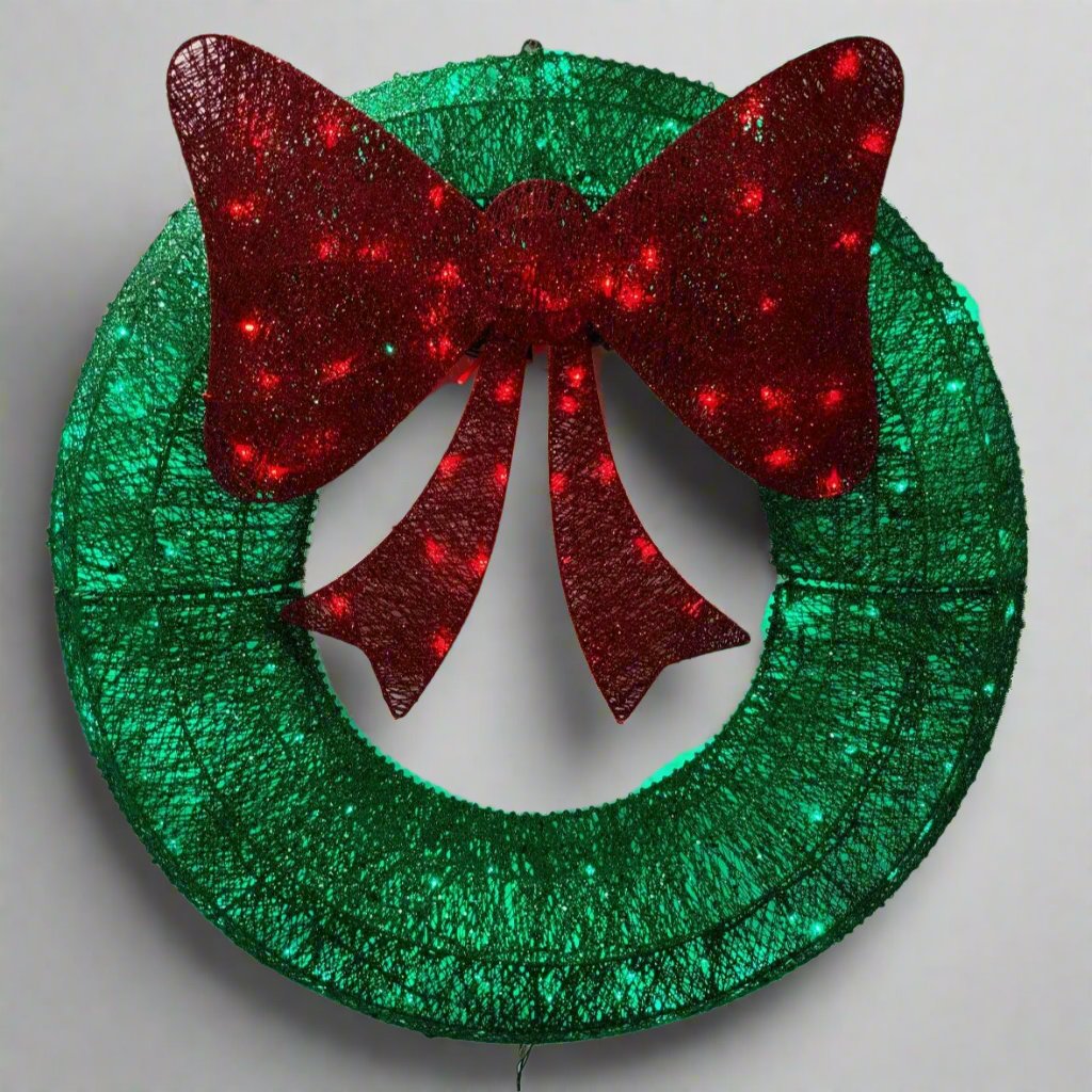 Extra Large 90cm Luxury LED Glitter Green With Red Bow LED Christmas Wreath