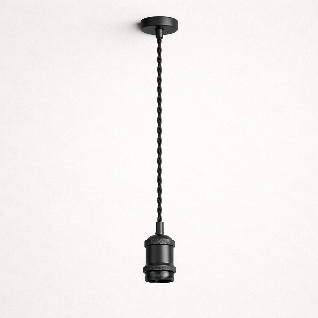 Black pendant light with braided cable on a white background