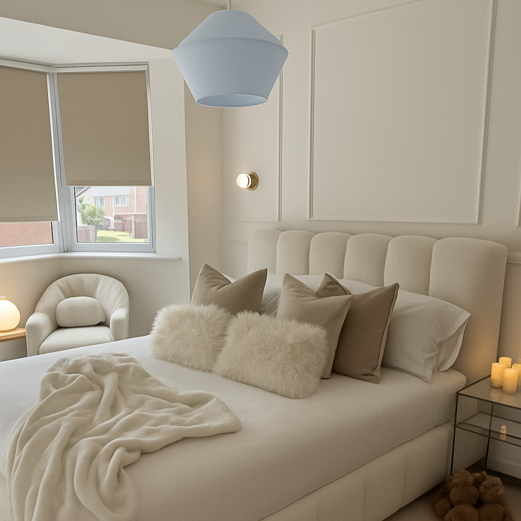 Neatly made bed with decorative pillows in a bedroom setting.