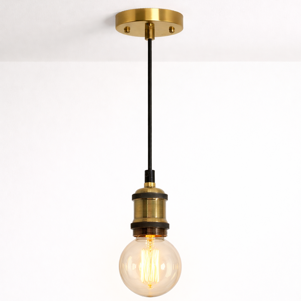 Vintage-style pendant light with a lit bulb on a white background