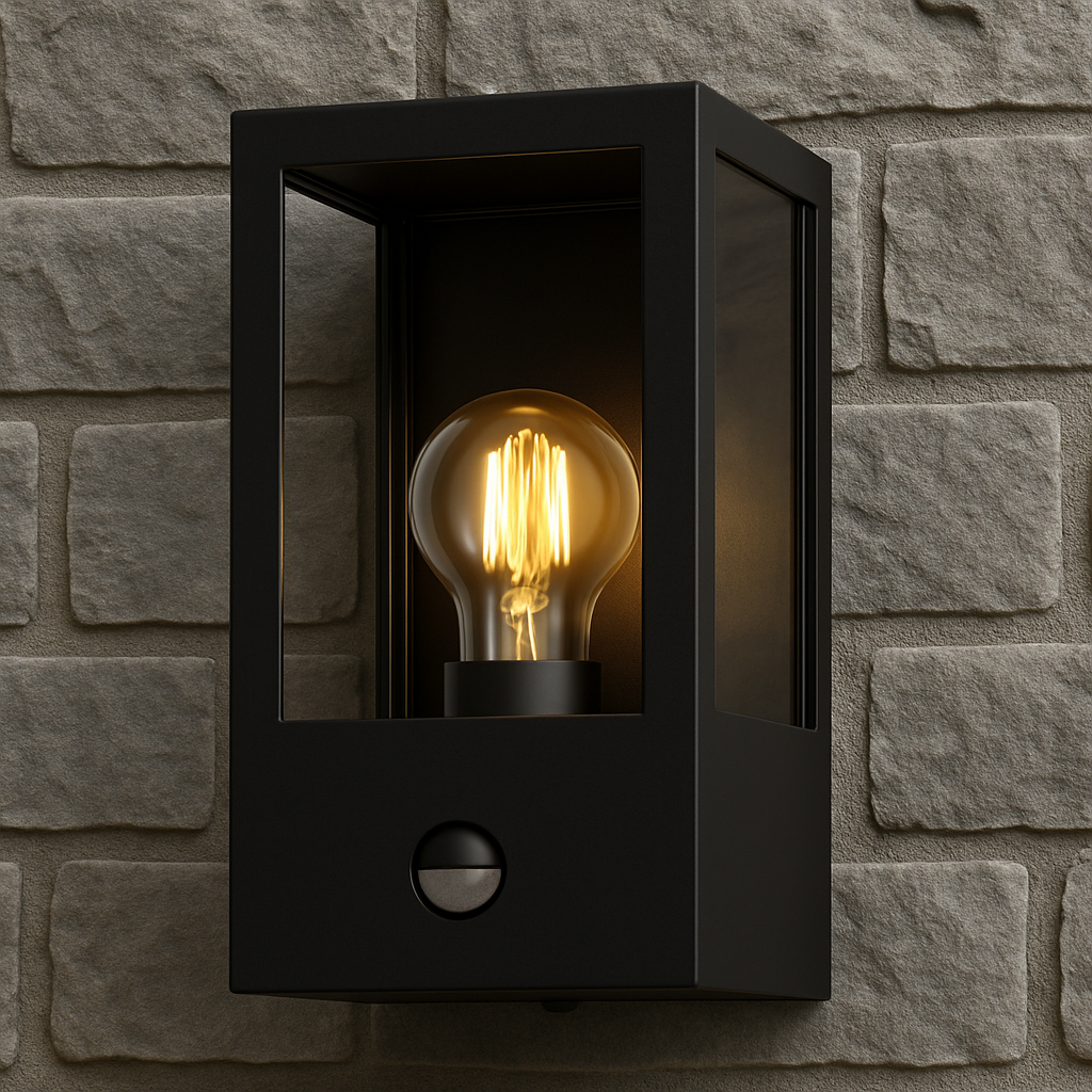 Black outdoor wall light fixture with a lit bulb on a stone wall background