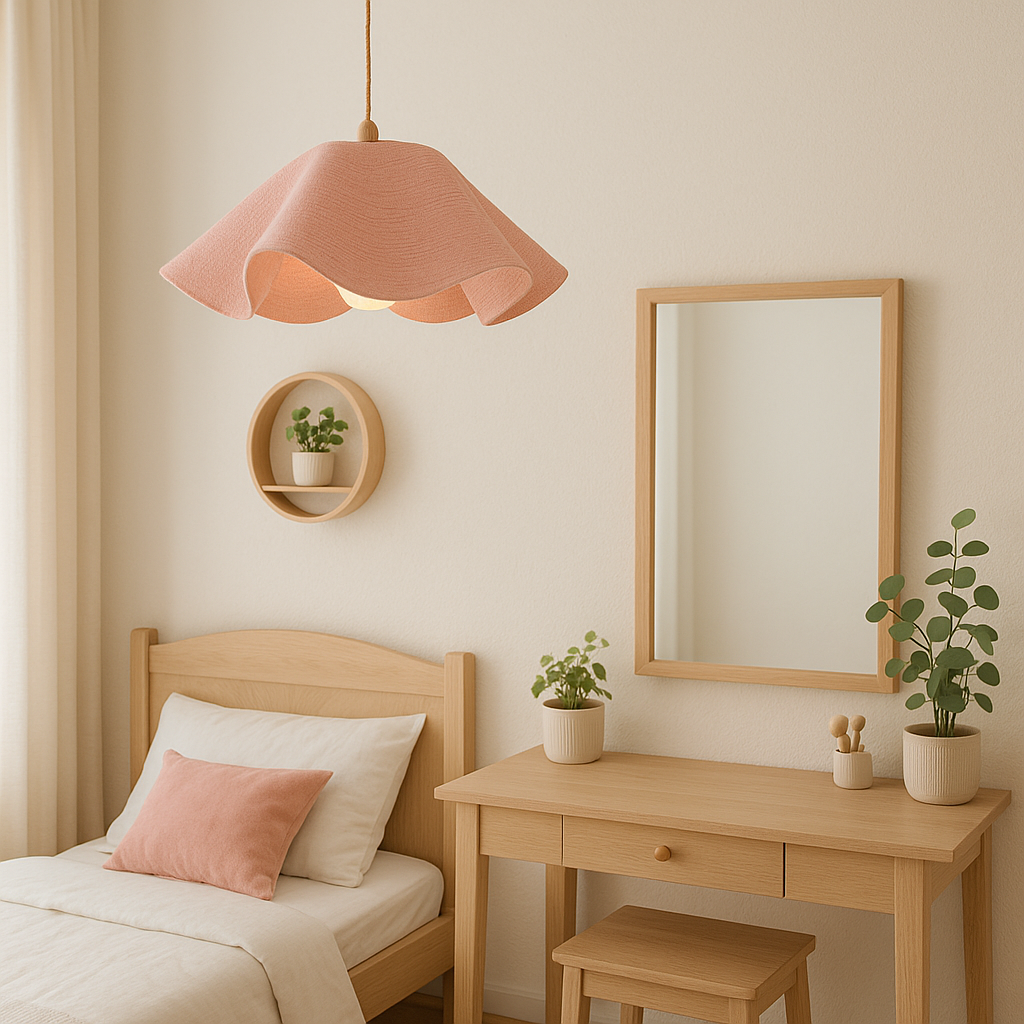 Nursery room with wooden furniture, pink lampshade, and decorative plants.