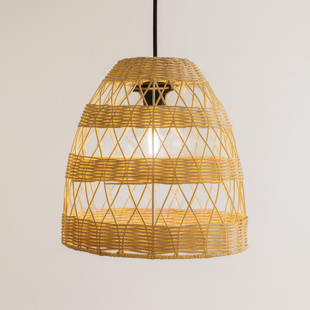 Wicker pendant light on a plain background
