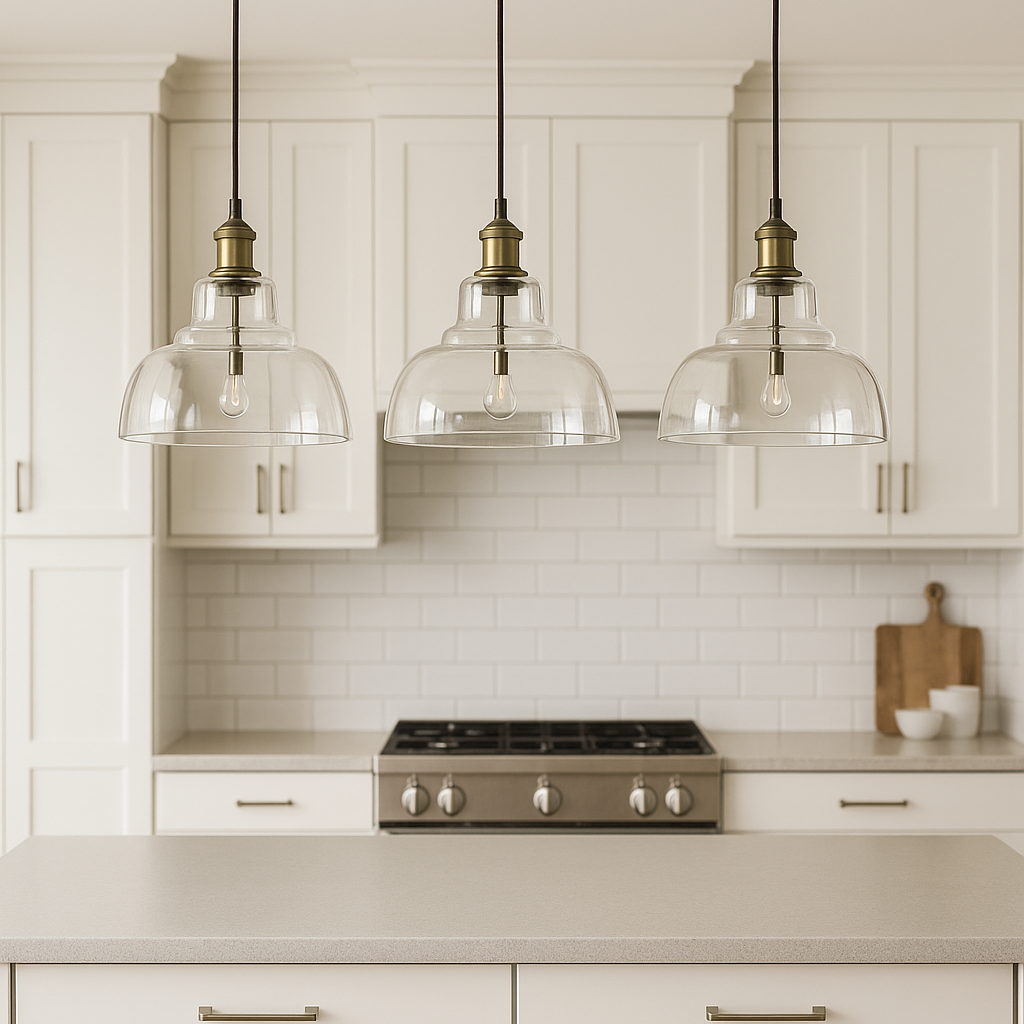 Modern kitchen with pendant lights, white cabinets, and a stove.