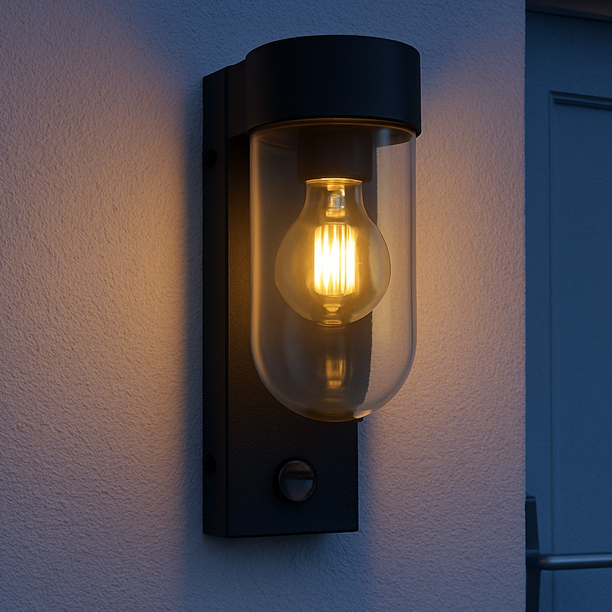 Wall-mounted outdoor light fixture with a glowing bulb on a wall.