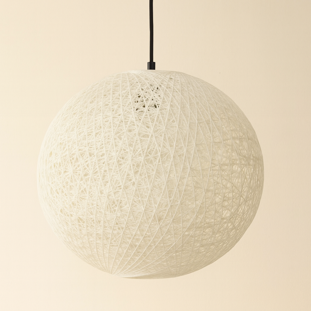 Round woven pendant light on a beige background