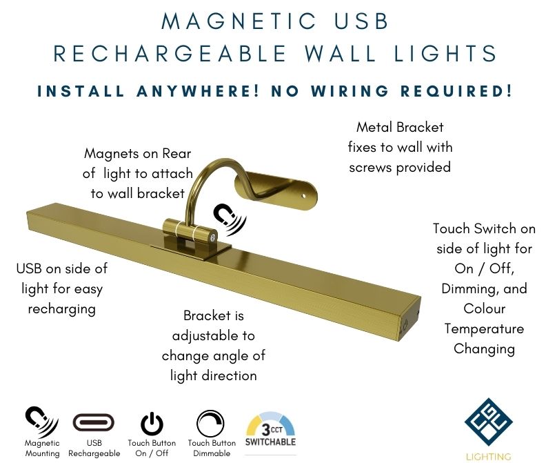 CGC VIRGO Curved Satin Gold LED Rechargeable Magnetic USB Over Picture Wall Light