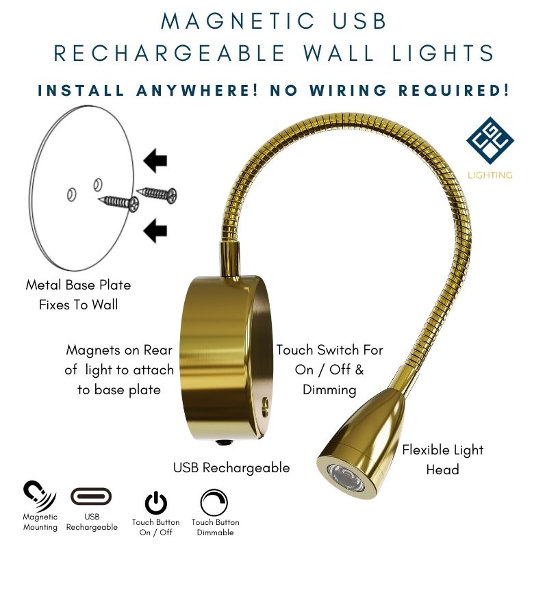CGC MATILDA Satin Gold Adjustable Flexible Neck LED Rechargeable Magnetic USB Reading Bedside Wall Light