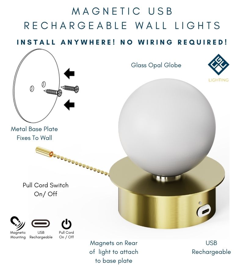 CGC MACIE Satin Gold & White Opal Globe LED Rechargeable Magnetic USB Reading Bedside Wall Light Pull Cord Switch