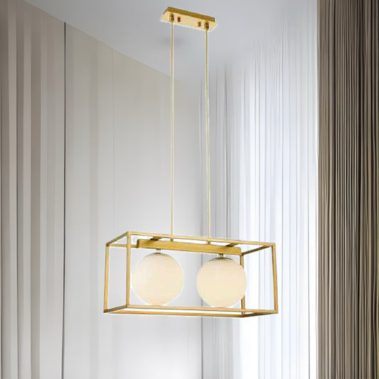 The Amelie ceiling pendant light is a contemporary addition to your home decor. This adjustable brushed gold rectangular ceiling pendant light complimented with 2 pearl white glass globe balls is perfect to add style and elegance to any room.
