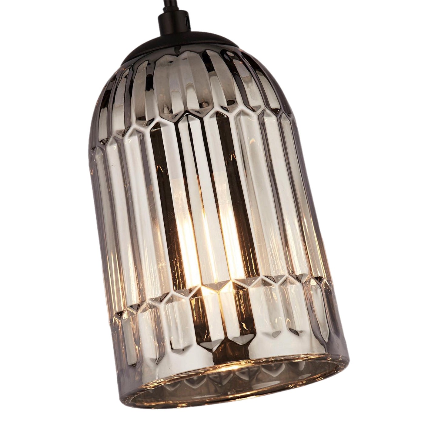 Smokey glass is the perfect material if you want to create a tranquil environment. The subtle glow of the bulb shines our through the ridged shade which is hung from a round metal ceiling mount. Weather you're wanting a warm welcome home in the hall or looking to light a living room or dressing room this is the perfect home accessory.