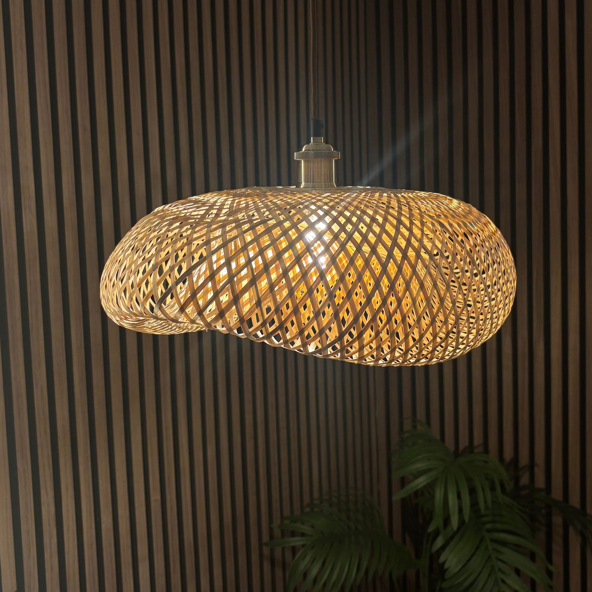 Woven pendant light hanging against a striped wall with a plant in the foreground.
