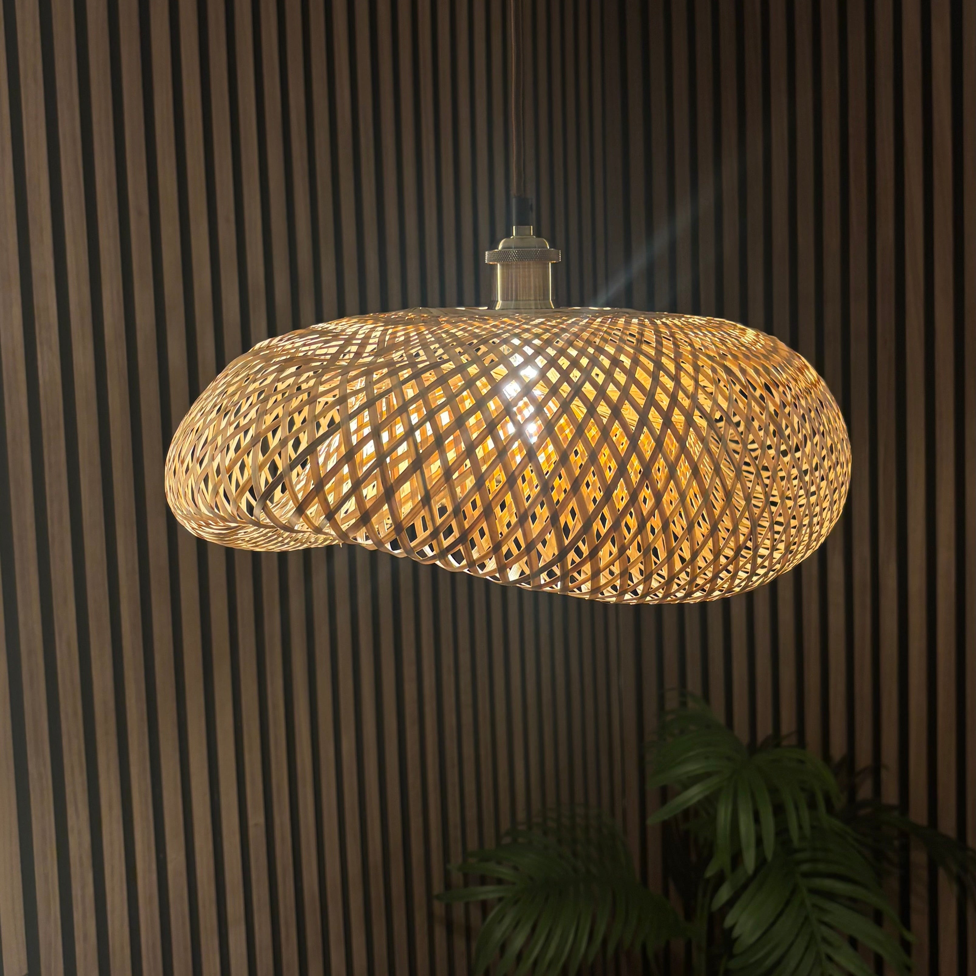 Woven pendant light hanging against a striped wall with a plant in the foreground.