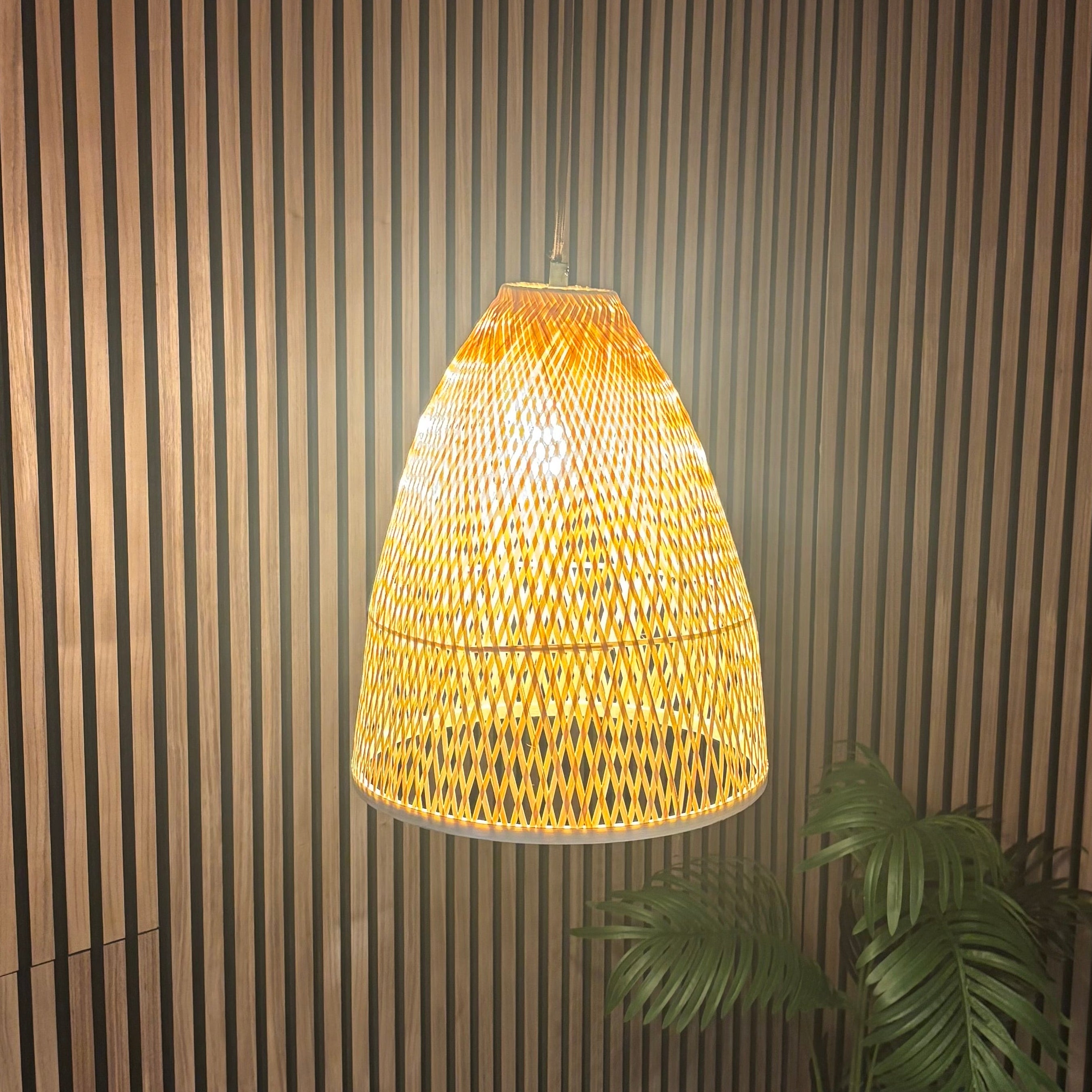 Woven pendant light hanging against a striped wall with a plant in the corner