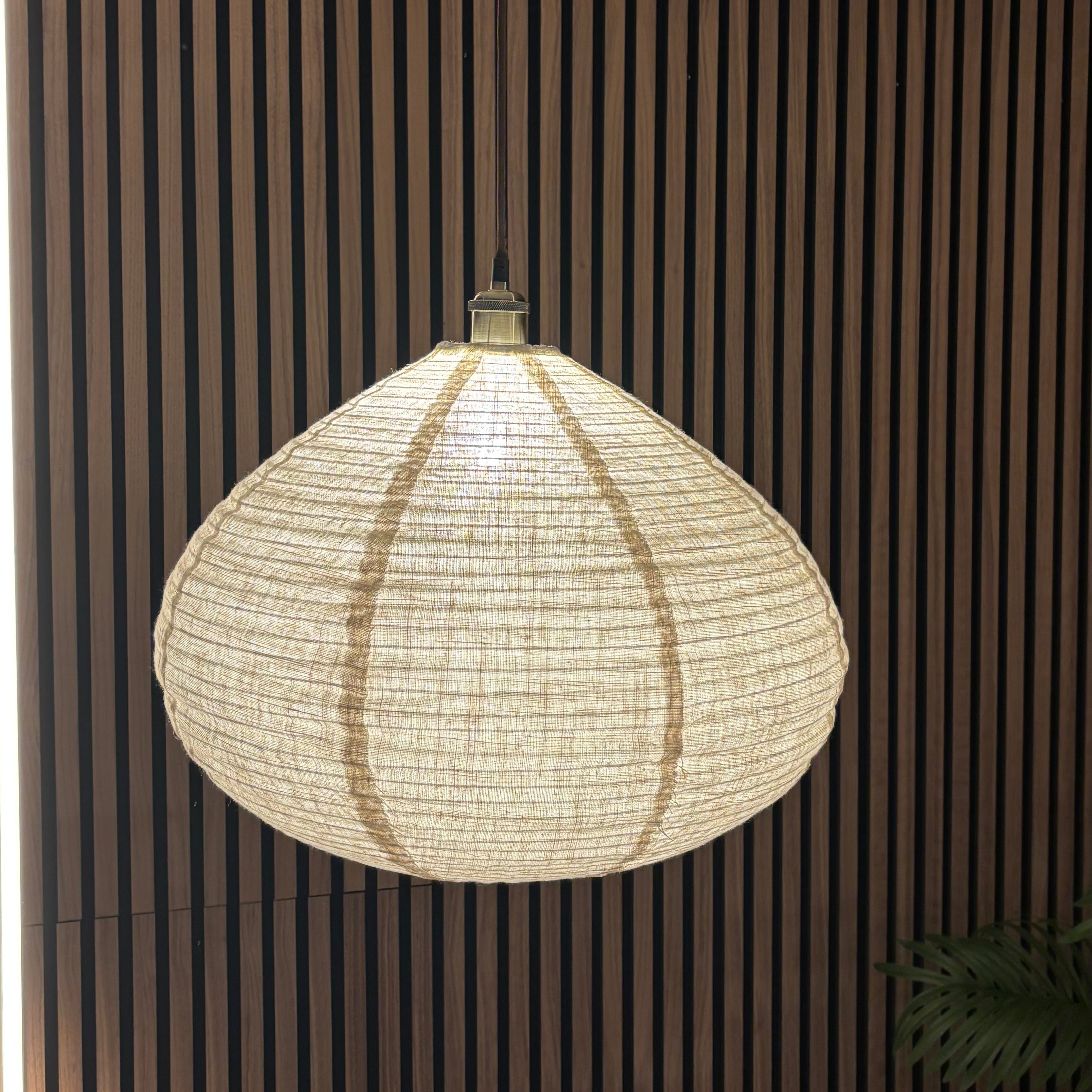 Pendant light fixture hanging against a striped wall.