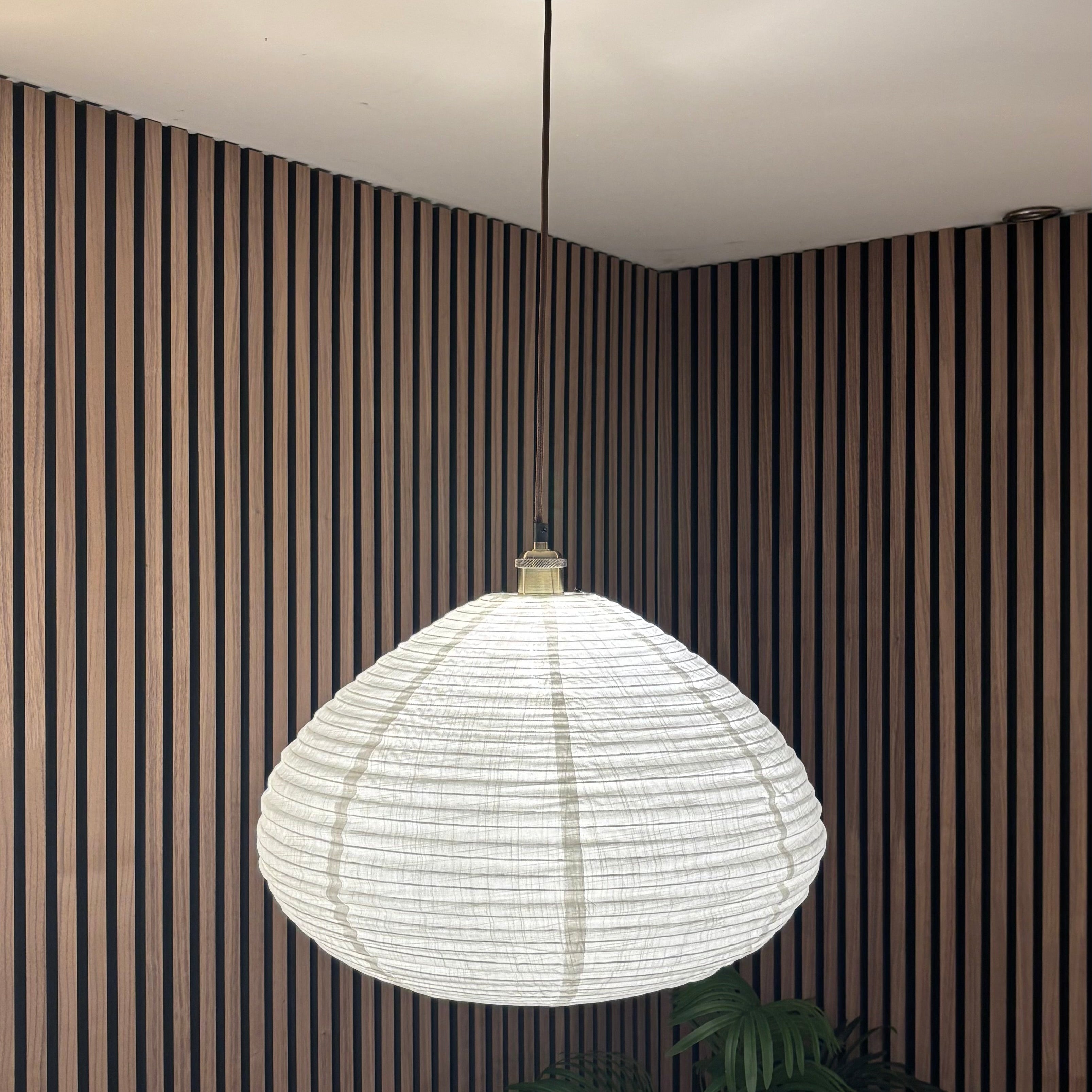 Modern pendant light hanging in a room with striped walls and a plant.