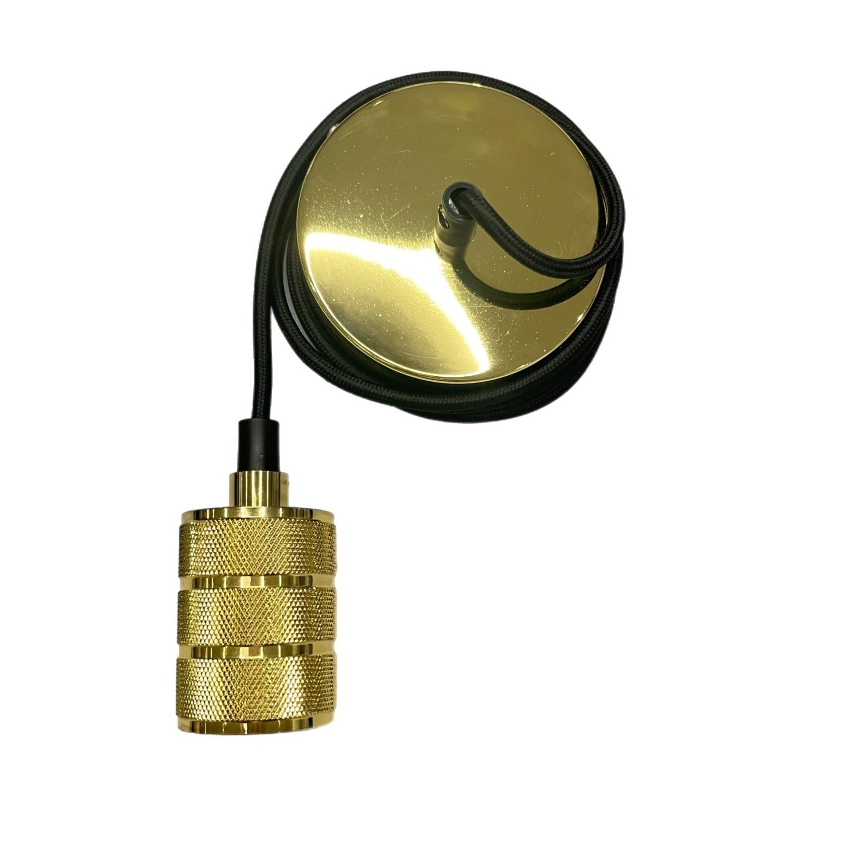 Gold metal pendant and matching ceiling rose, black braided fabric cord, includes screws, rawl plugs, connectors, ceiling bracket and instructions