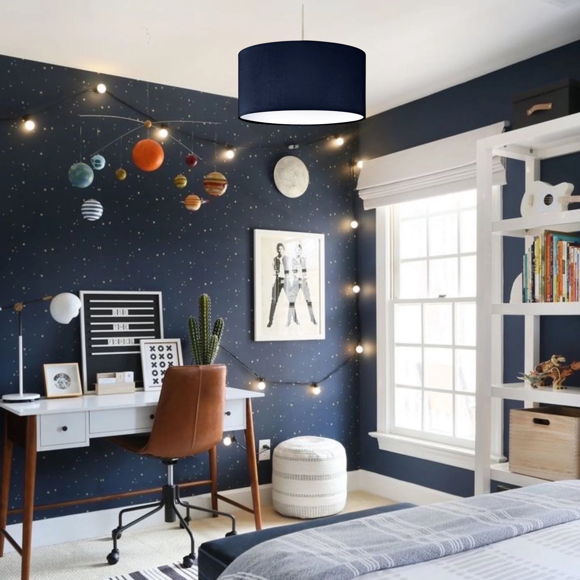 The Lucia is a modern cylinder drum shaped lamp shade in a luxury cotton finish and opal diffuser. This fantastic shade can double up as either a ceiling pendant light shade or table lampshade. Easily fits to your standard ceiling light socket - no wiring required.