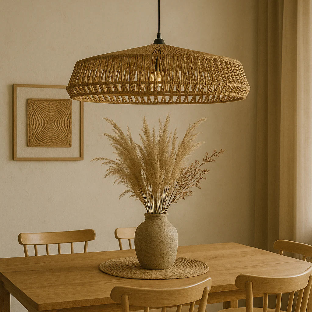 Dining room with wooden table, chairs, and a woven pendant light.