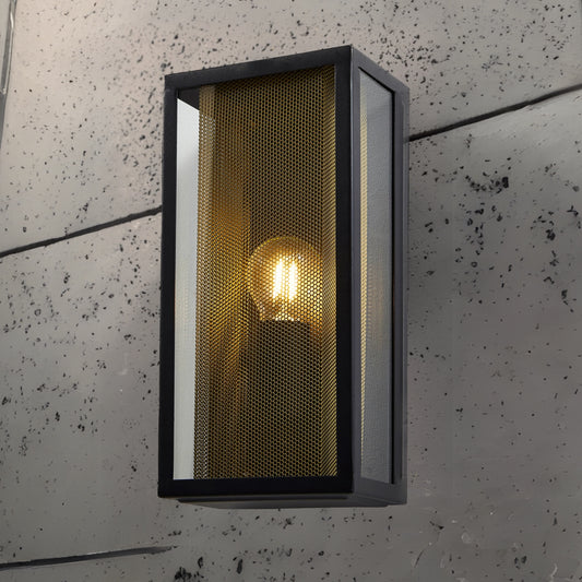 A modern take on a traditional design outdoor wall light perfect for adding style and security The traditional front-door lantern has had a modern make over in the form of our Silas outdoor wall light with its square black metal construction and completed with a brass insert and clear windows this light this is sure to add an statement to any wall. 