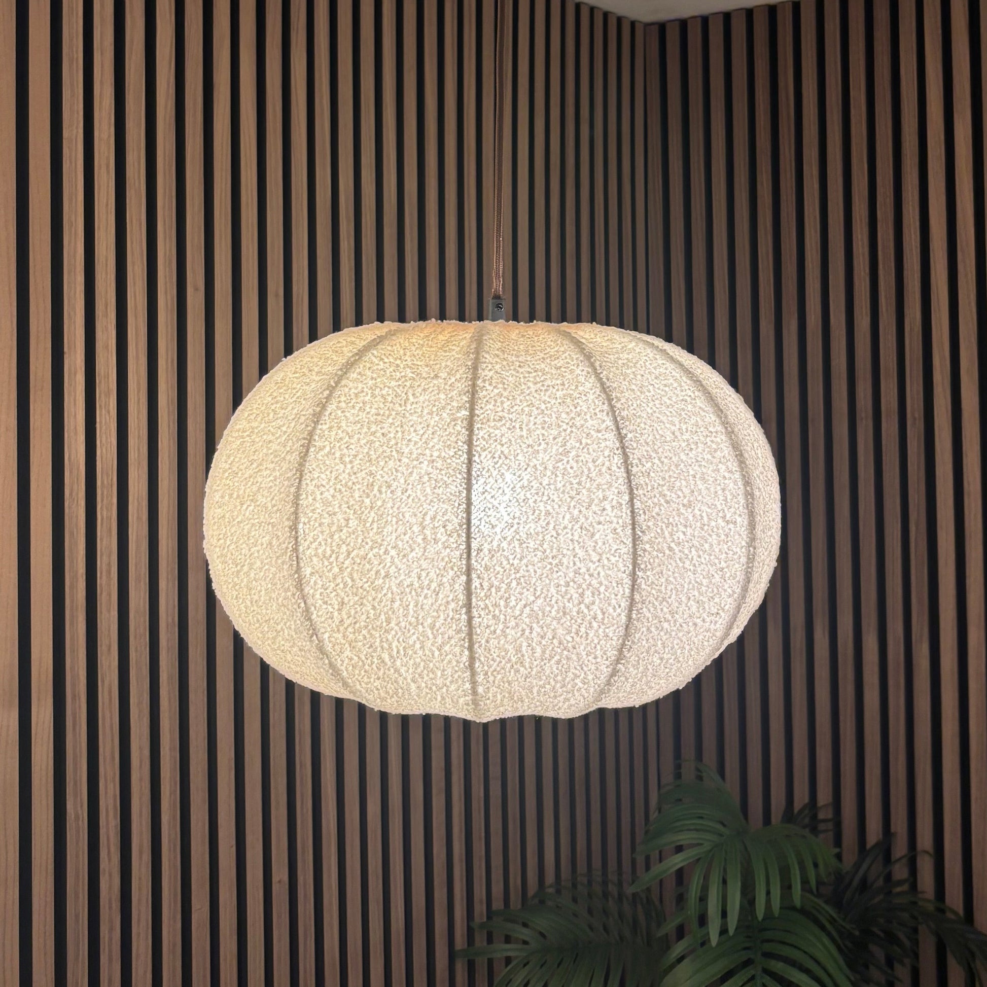 Ceiling light fixture hanging in a room with striped walls and a plant.