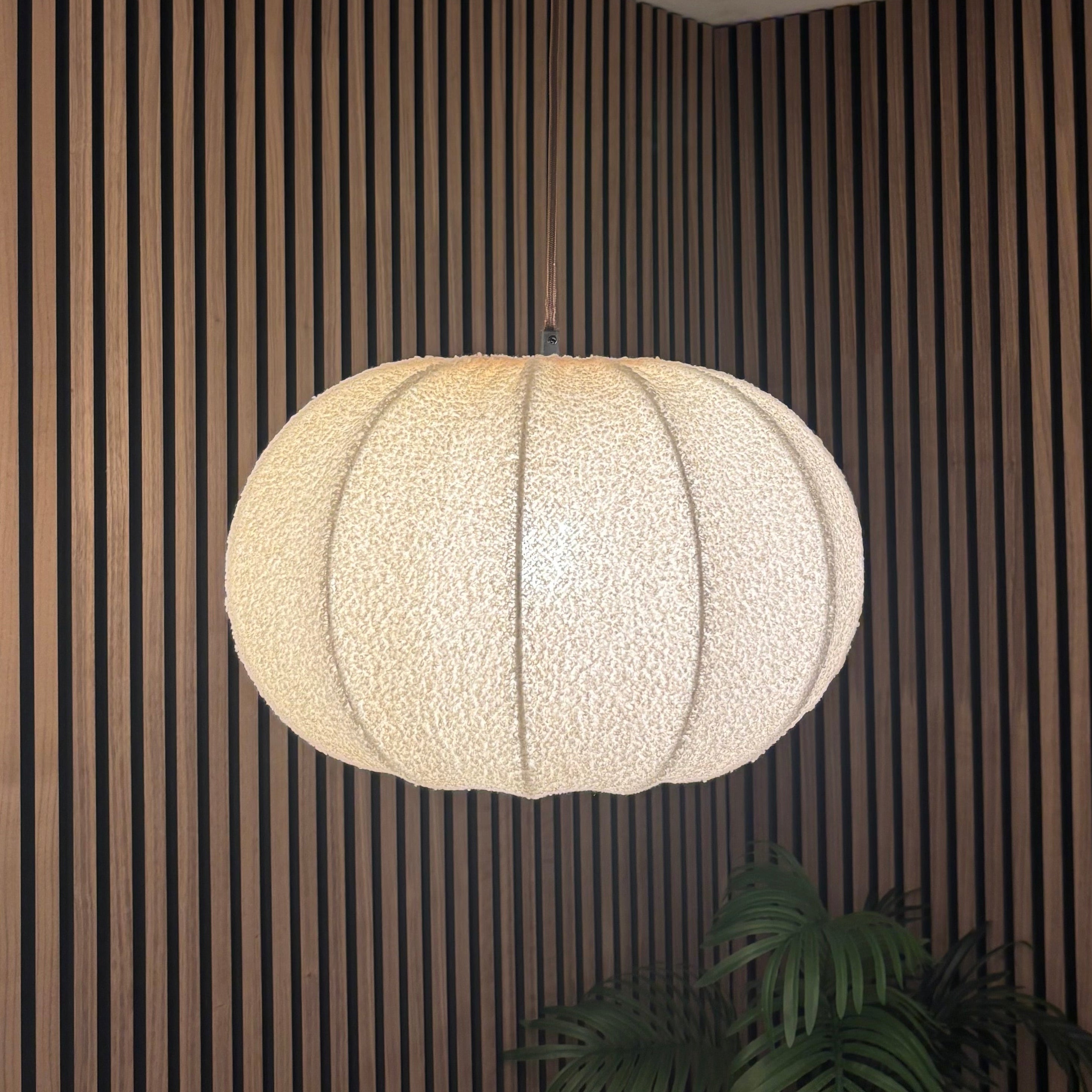 Ceiling light fixture hanging in a room with striped walls and a plant.